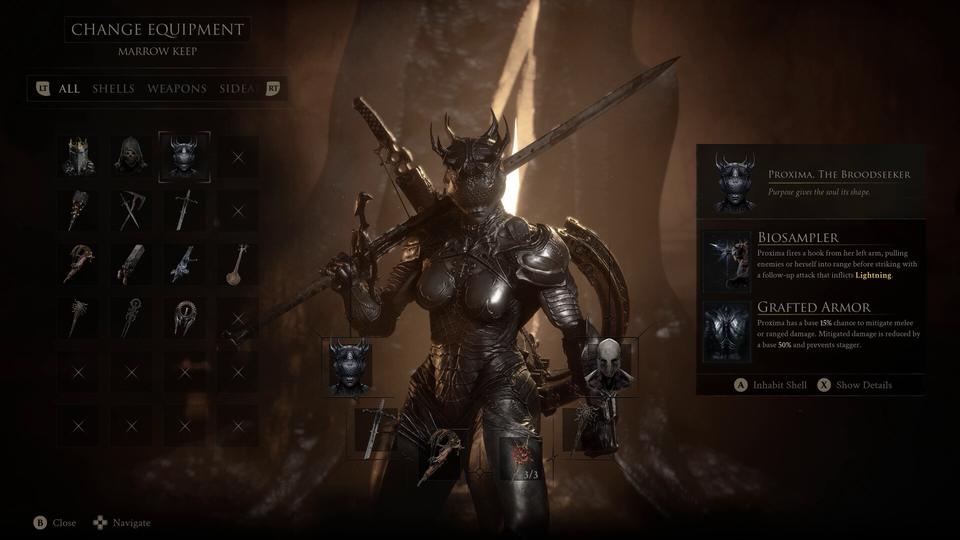 Marrow Keep Change Equipment screen: Proxima, the Broodseeker, stands ready with greatsword and Biosampler hook. — Mortal Shell II screenshot