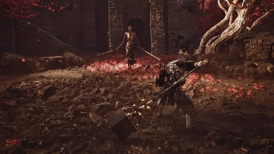 Crowned warrior with a colossal hammer faces a dual-sworded skeletal foe amid drifting red petals. — Mortal Shell II screenshot