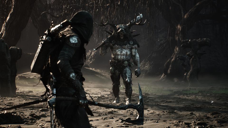 Warrior with war pick confronts a snarling, tattooed, antler-helmed brute in a misty forest clearing. — Mortal Shell II screenshot