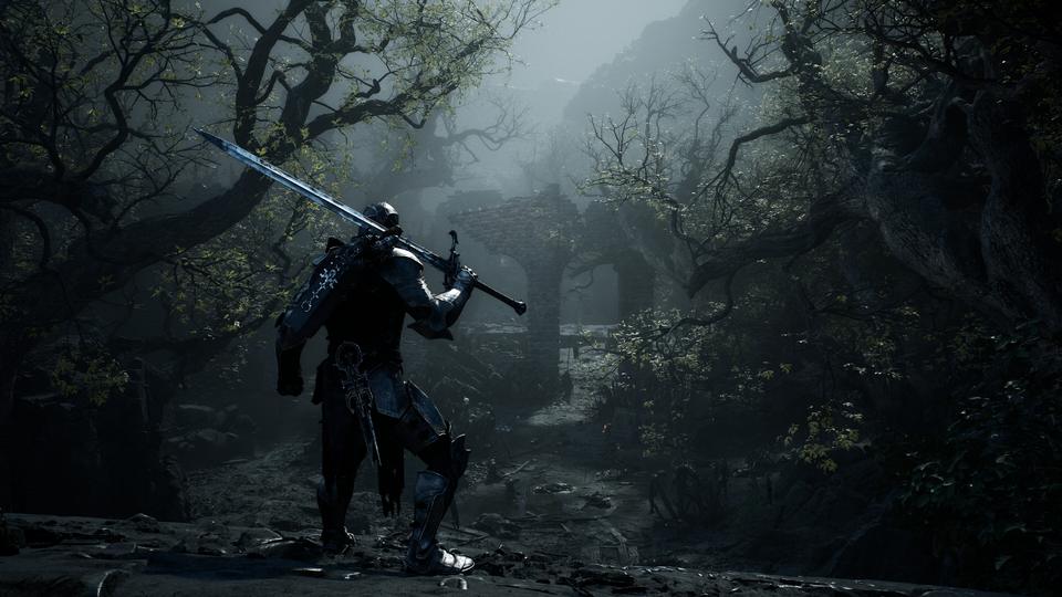 Lone armored knight shoulders a greatsword, gazing toward misty stone ruins in a gnarled forest. — Mortal Shell II screenshot