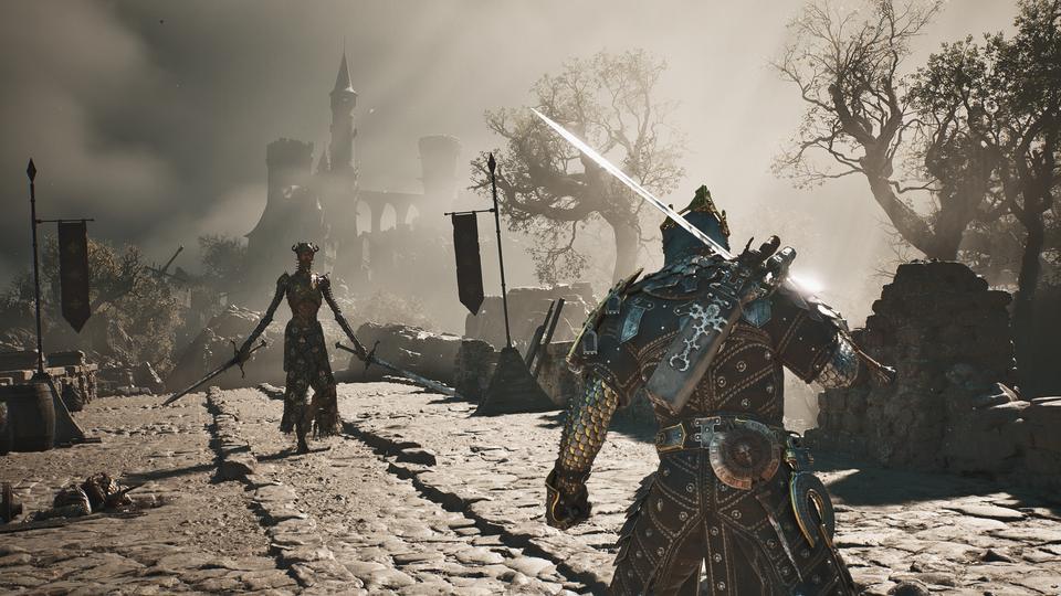 Armored warrior raises a gleaming sword as a gaunt dual-wielding foe advances along a cobblestone causeway. — Mortal Shell II screenshot