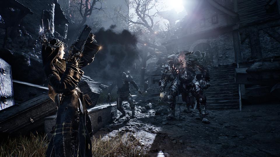 Robed warrior raises a firearm as a shambling foe and hulking brute advance through a ruined village. — Mortal Shell II screenshot