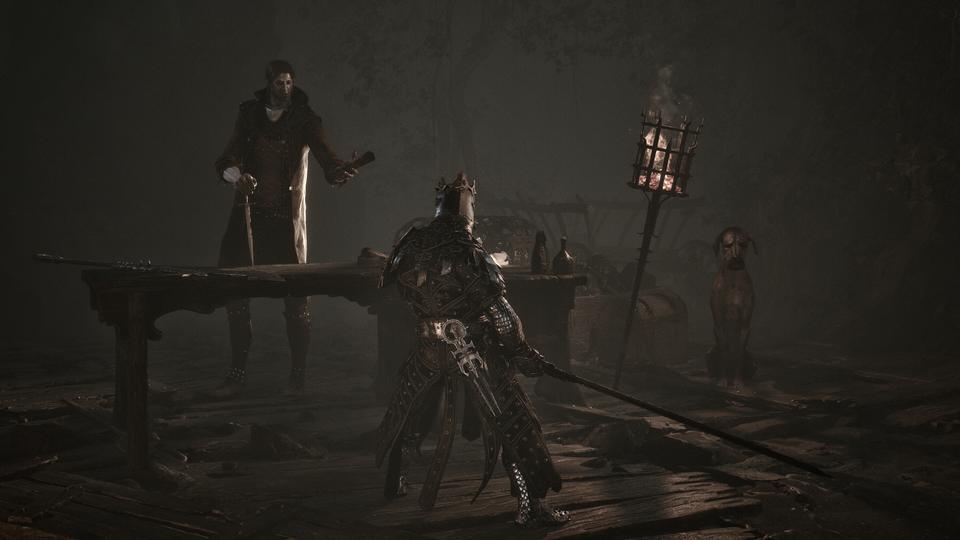 Crowned knight with drawn blade meets a gesturing scholar at a table as a dog watches by torchlight. — Mortal Shell II screenshot