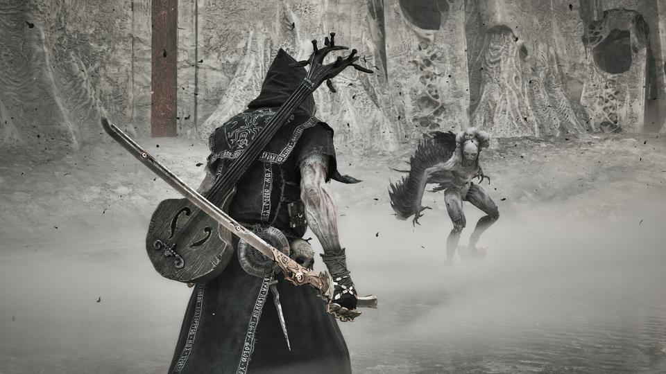 Hooded warrior bearing sword and stringed instrument confronts a crouching winged demon in misty pale ruins. — Mortal Shell II screenshot