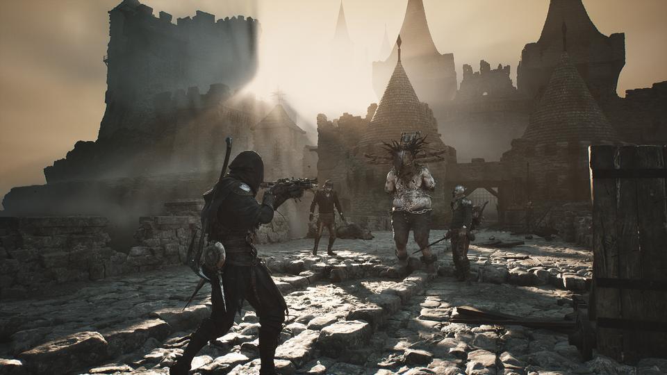 Hooded warrior aims a crossbow at a spiked-crown brute and two foes amid sunlit castle ruins. — Mortal Shell II screenshot