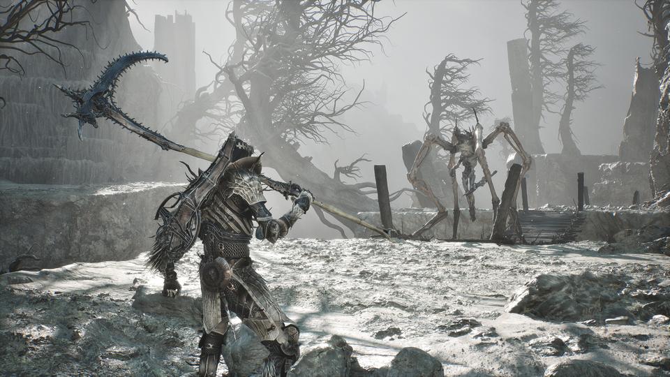 Armored warrior brandishes a barbed scythe toward a spindly spider-like monster in a foggy wasteland. — Mortal Shell II screenshot